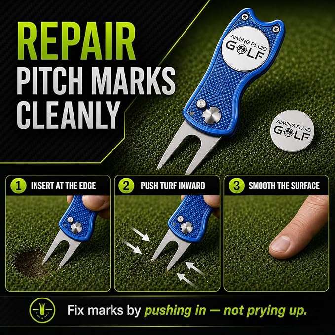 Golf Divot Repair Tool — 5-in-1 Golfing Ball Marker, Pitch Mark Repair, Putting Alignment, Club Tee, and Groove Cleaner, Accessory Metal Switchblade Design - Ideal Gift for Golfers