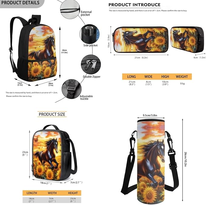 Horse Backpack for Girls School Bags with Lunch Bag Pencil Case and Water Bottle Holder Sunflower Bookbag Purse Large Capacity School Supplies 4 in 1