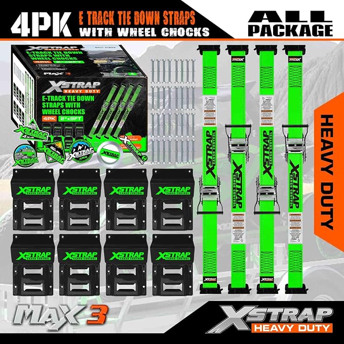 XSTRAP STANDARD Wheel Chock E-Track Tie Down Straps Kit, 4 Pack 2” x 9FT Over-The-Tire Ratchet Straps with Steel Wheel Chocks, 1466 lbs WLL for ATV, UTV, Lawn Mower, Trailer Hauling, Green