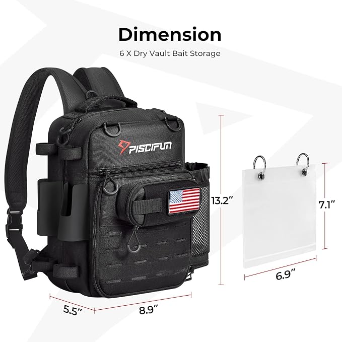 Piscifun Fishing Tackle Backpack, Convertible Sling or Waist Pack, 16-Pocket Storage Gear Bag with 2 Rod Holders & Rain Cover