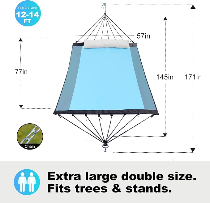 GAFETE 14ft 2 Person Hammock for Outside, Quick Dry Textilene, Portable Hammocks Without Stand with Folding Steel Spreader Bar, Carrying Bag, Tree Straps, Pillow & Sidebag, 550 lbs Capacity (Aqua)