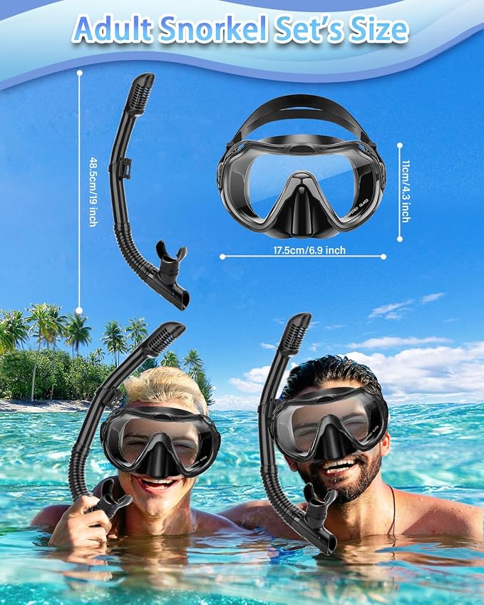 Snorkeling Gear for Adults, Adult Snorkel Set with Panoramic Anti-Leak and Anti-Fog Tempered Glass Snorkel Mask, Dry Top Snorkel, Snorkle Mask Set Adult with Mesh Bag Ear Plug for Snorkeling