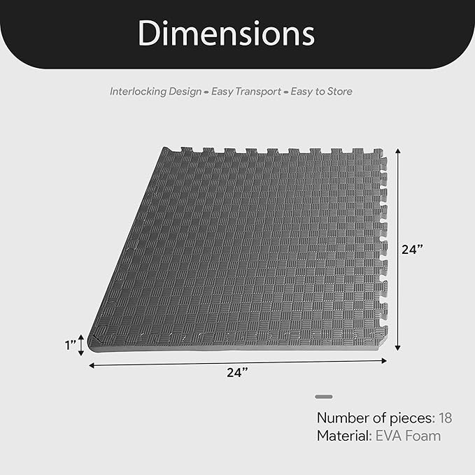 BalanceFrom Puzzle Exercise Mat 1" Thick, EVA Interlocking Foam Floor Tiles for Home Gym, Mat for Home Workout Equipment, Floor Padding for Kids, Gray, 24 in x 24 in x 1 in, 72 Sq Ft - 18 Tiles