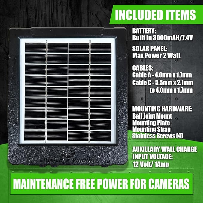 Elusive Wildlife Reaktor Universal Solar Power Pack for Security Camera, Trail Camera, Game Camera Compact Solar Panel with Rechargeable Battery & Mounting Bracket for Hunters 3 watt Panel, 12V, 6V
