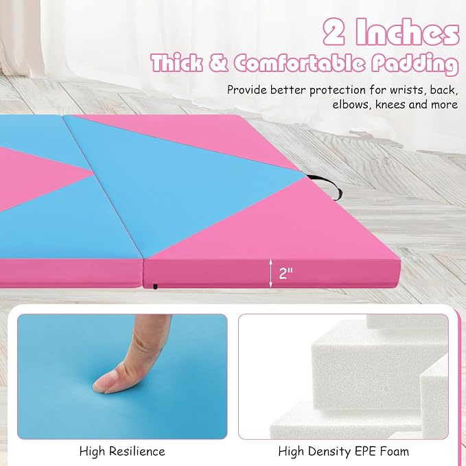 Goplus Gymnastics Mat, Folding Tumbling Mat with Carry Handles, Hook & Loop Fasteners, 4 Panels for Fitness Exercise Yoga Stretching Aerobics Workouts, Thick Gym Mats for Home
