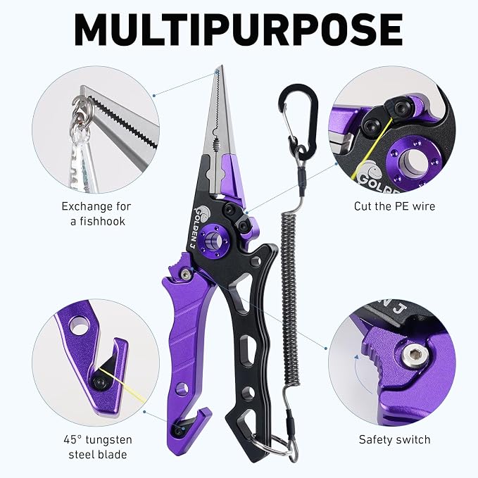 Golden J Fish Lip Gripper & Multi-Function Fishing Pliers Set - High-Strength Aluminum & Stainless Steel, Hook Remover, Split Ring Pliers, Line Cutter, Ideal for Ice, Surf, Lure Fishing