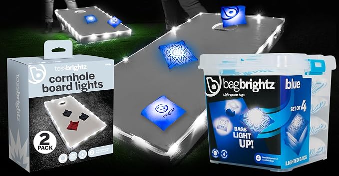 Brightz Cornhole Board Edge Lights with LED Bags - Includes 4-Pack of LED Cornhole Bags + TossBrightz Cornhole Board Edge Lights - The Ultimate Night Time Cornhole Master Set