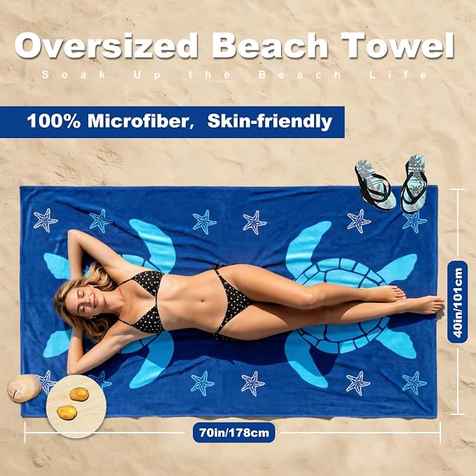 Jessy Home Microfiber 4 Pack Beach Towel Set, 40x70in Oversized Beach Towel, Quick-Dry Sand-Free Highly Absorbent Swim Towel, Soft Pool Towel, Marine Mixed Prints of Starfish & Sea Turtle for Vacation