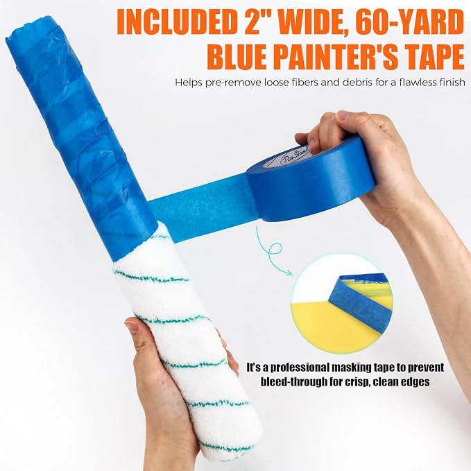 18 Inch Microfiber Paint Roller Covers, 3pcs 3/8" Nap Rollers with A Professional Painters Tape, Large Lint-Free Cover Refills for 18" Frame, Painting Walls, Ceilings, Floors, Garage