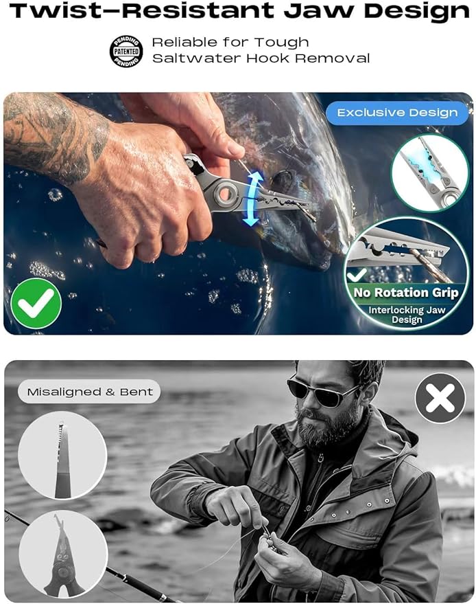 HOOK-EZE Anti-Twist Fishing Pliers with Multi-Function Design, 7.1" Saltwater 17-4 Stainless Steel Fishing Gear with G10 Handles, Split Ring Pliers, Fish Hook Remover Tool