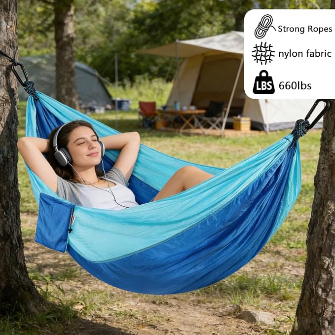 Camping Hammock, Portable Hammocks with Tree Straps & Attached Carry Bag, Travel Tree Hammocks for Outside Indoor Hiking Beach Backpack Travel(Blue, Nylon)