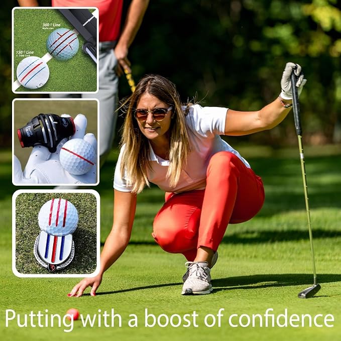 BIRDIE79 Golf Ball Line Marker Tool Kit Set. 360 Degree 3-Line Plus Vertical Line Putting Alignment & Triple Track Standing Ball Marker with Adjustable Tilt Angle, Confidence Liner Accessories.