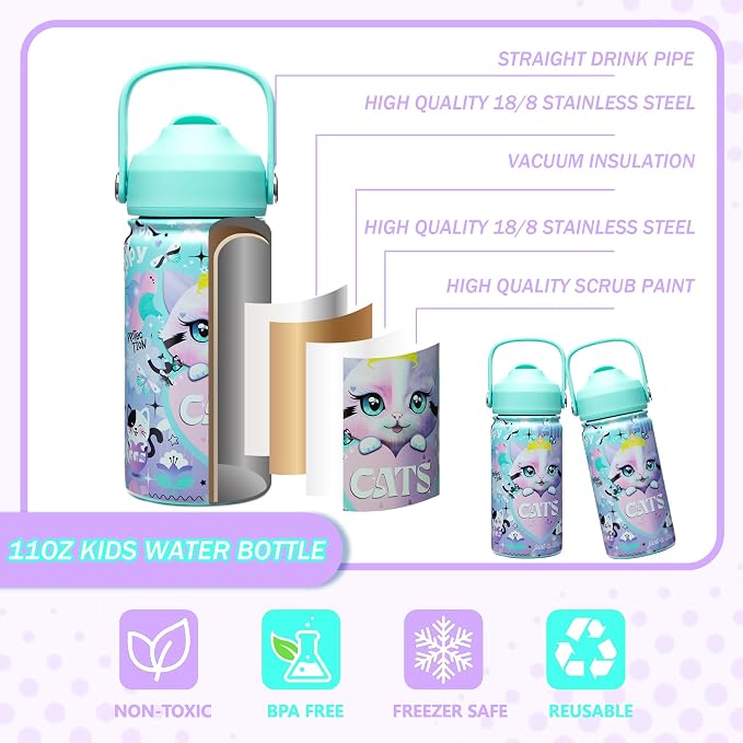 Lunch Box Kids Bento Box for Girls with Ice Pack,Lunch Bag,Stainless Steel Water Bottle Set Utensils Set Food Container for School Cat Girls Lunch Boxes Kids Back to School Supplies