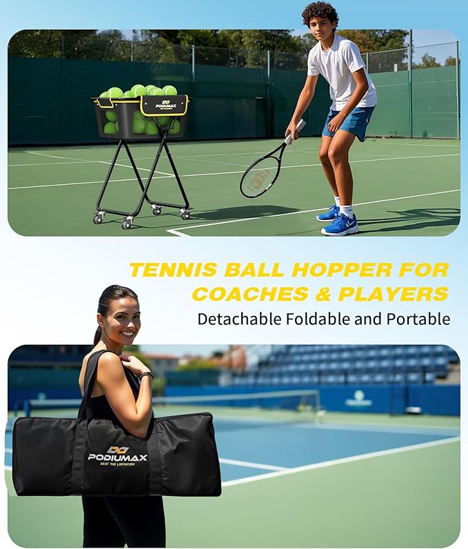 PodiuMax Pickleball Tennis Ball Hopper, Holds 180 Tennis-Balls or 150 Pickle Balls, Foldable Pickleball Caddy for Men Women Teen, Waterproof Tennis Ball Basket for Learners & Coaches