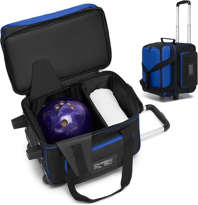 Single Roller Bowling Bag with Wheels, 1 Bowling Ball Bag with Separate Shoe Compartment and Retractable Handle Extends to 37.0 Inches, Padded Foam Ball Insert