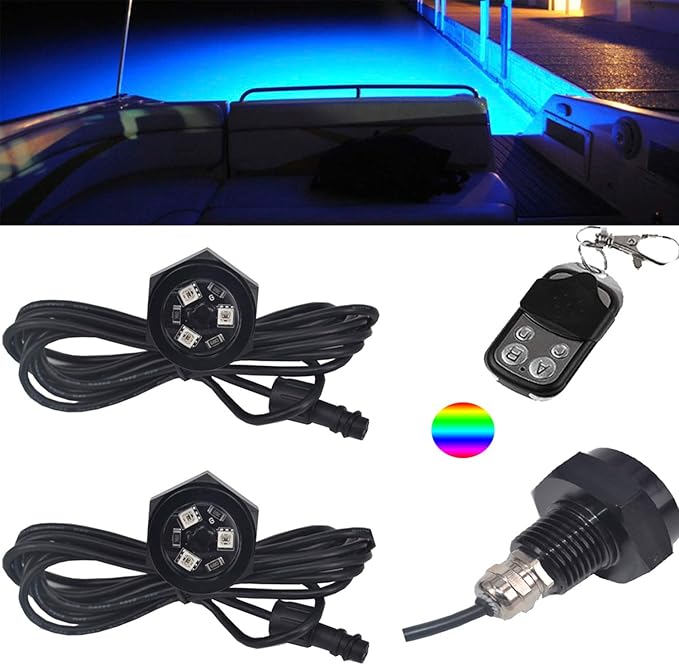 RGB LED 1/2in NPT Boat Drain Plug Light Underwater Lights with 4-Key RF Remote Control,DC12V,50000hr Lifespan Marine Led Lamp for Garber-Fishing,Swimming,Diving(Pack of 2)