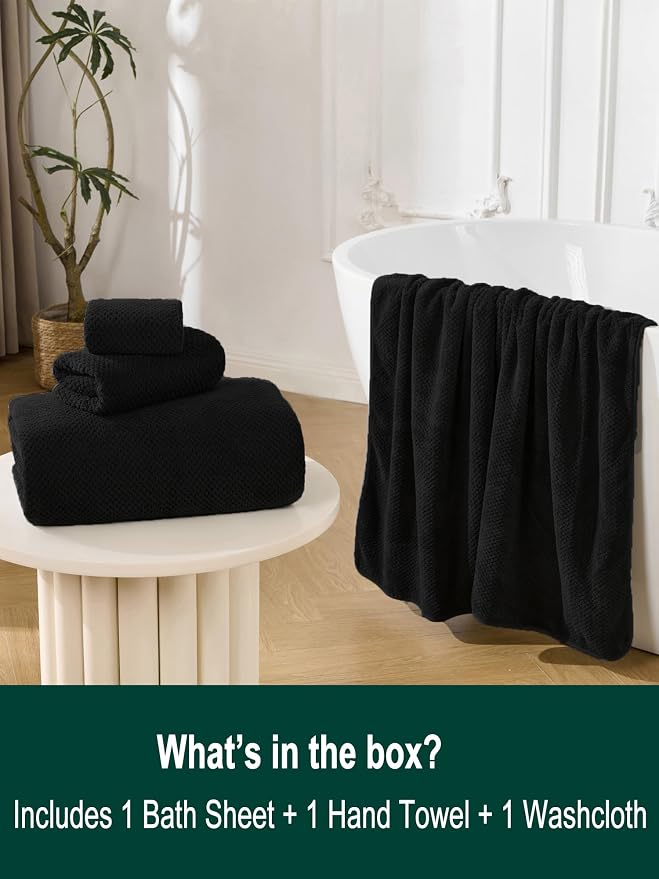 Extra Large Bath Sheet Set 3-Piece, 1 Bath Towel 40x80 Inches, 1 Hand Towel, 1 Washcloth, Soft Absorbent Quick Dry Microfiber Towel for Bathroom Beach Pool Gym Spa, Black