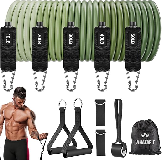 WHATAFIT Resistance Bands, Exercise Bands, Workout Bands with Handles, Door Anchor and Ankle Straps, 5 Resistance Levels Fitness Bands for Strength Training, Physical Therapy, and Home Gym Equipment
