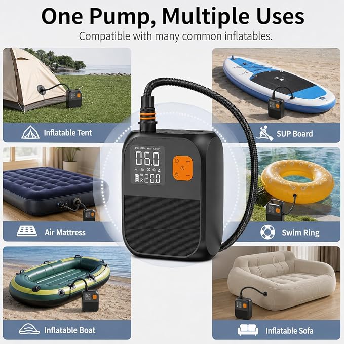 Susbie Paddle Board Electric Pump for Inflatables, Dual Stage Inflation & Deflation, Auto-Off, Wireless & Car Charging, for SUP Paddle Board, Air Mattress, Boat, Tent, Pool Float