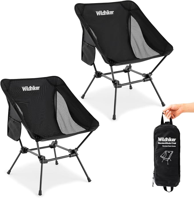 Wildhiker Lightweight Camping Chair – Folding Portable Chair for Adults, 2.16 lbs with Square Base and Carry Bag for Travel, Fishing, Motorcycle, Festival–Black2pcs