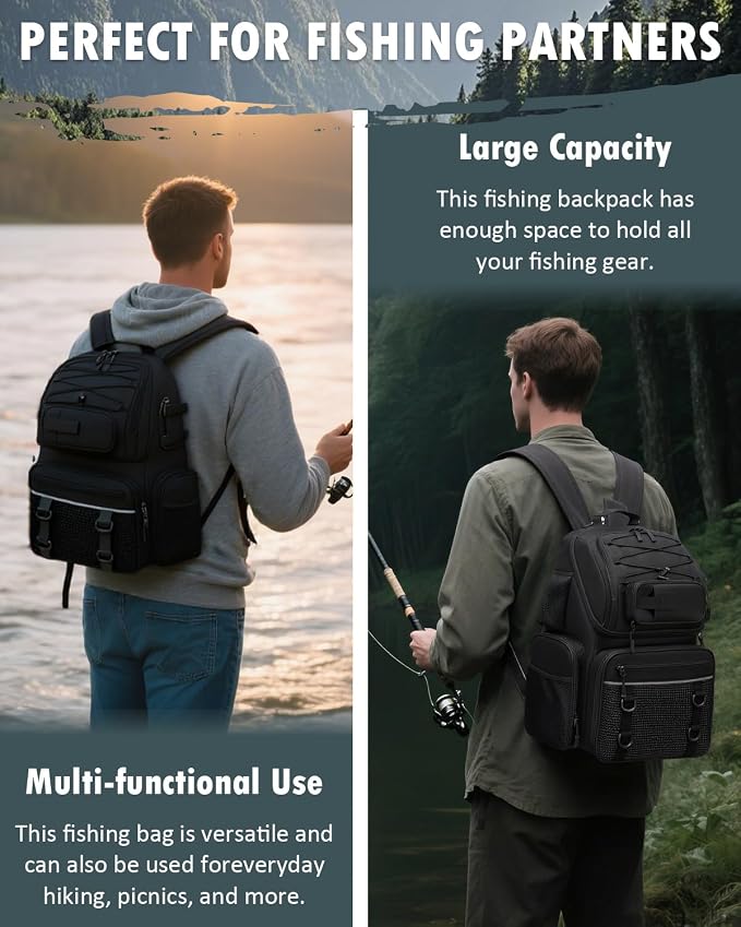 HAMBOLY Fishing Backpack with Tackle Boxes, 50L Fishing Tackle Bag with Cooler & Rod Holders, Waterproof Tackle Bag for Men