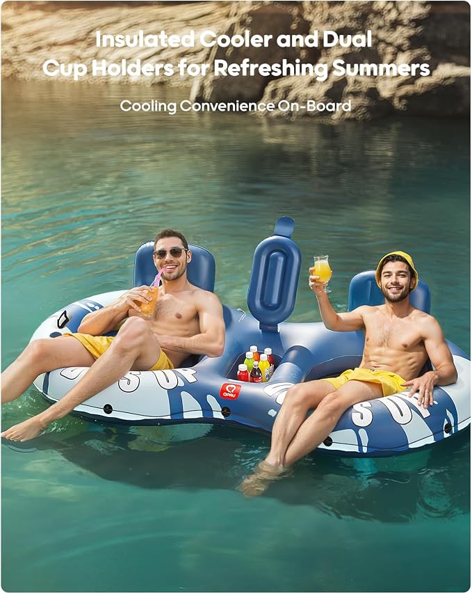QPAU Inflatable Double River Tube, 2 Person 660lb Capacity, Puncture-Resistant 93" Sturdy Heavy Duty River Float, River Raft with Ergonomic Backrest, Cooler & Cup Holders for Family