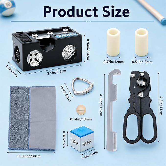 Pool Cue Tips Replacement Kit, 13mm Pool Stick Tips Replacement Kit Billiards Cue Tips Shaper Tools, Pool Cue Replacement Tips Repair Kit Billiard Pool Accessories