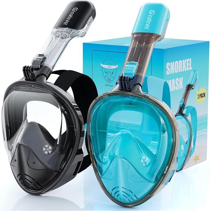 Greatever Full Face Snorkel Mask, Snorkeling Gear for Adults with Latest Dry Top Breathing System and Detachable Camera Mount, Foldable Snorkel Set for Family Snorkeling Trips, Anti-Fog & Anti-Leak
