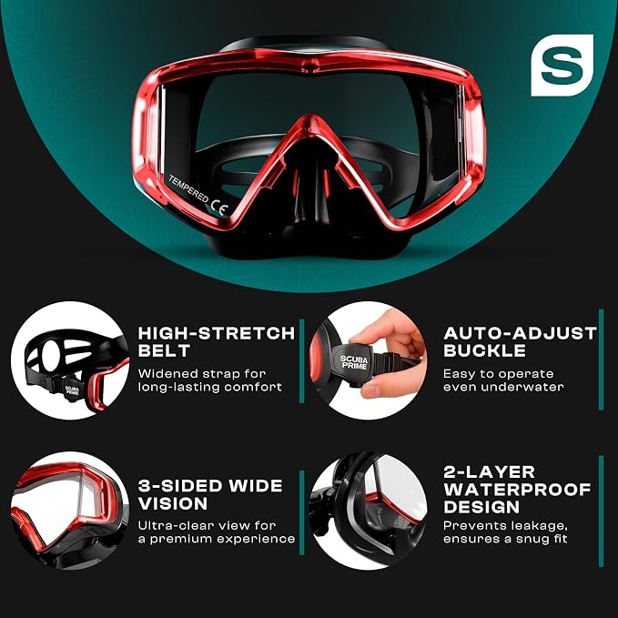 Pano 3 180° Panoramic Dive Mask, Three-Window Tempered Glass Scuba Mask with Dry Top Snorkel, Dual-Layer Silicone Skirt Anti-Leak Diving Gear for Men Women Teens Adults, 4 Color Options
