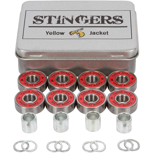 Yellow Jacket Premium Skateboard Bearings, Pro Longboard Bearings, 608, ABEC 11, Washers and Spacers, Racer Red (Pack of 8)