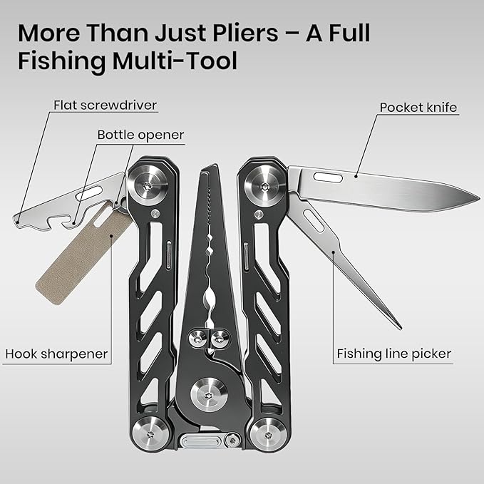 Pristis Foldable Fishing Pliers with Multitools, Saltwater Resistant Titanium Coated Stainless Steel, Portable Full-Sized Forceps with Tungsten Line Cutter, Ring Splitter, Hook Remover and Multi Tool