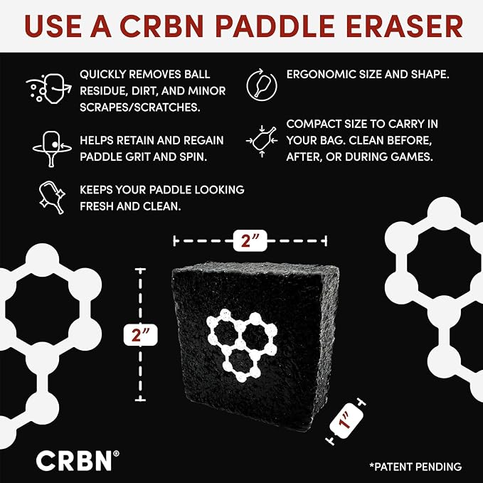 CRBN Pickleball - Paddle Eraser, Best Carbon Fiber Pickle Ball Racket Cleaner, Fast & Easy Rubber Bar to Remove Ball Residue, Dirt, & Minor Scrapes/Scratches - Choose 1 Pack or 2 Pack