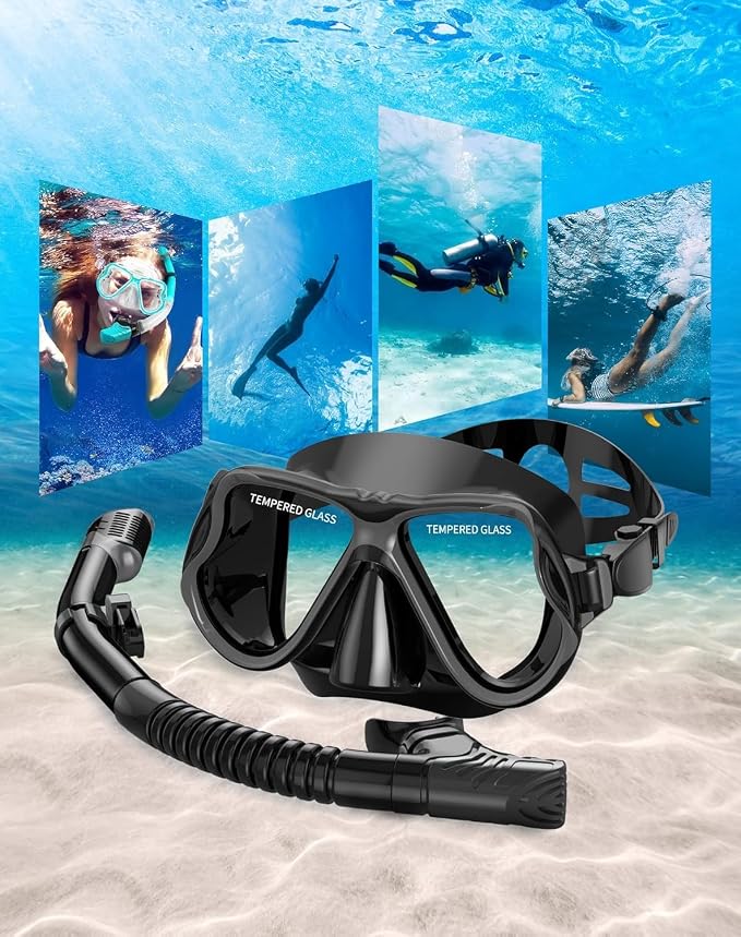Greatever Dry Snorkel Set,Panoramic Wide View Anti-Fog Scuba Diving Mask,Professional Snorkeling Gear for Adults Kids