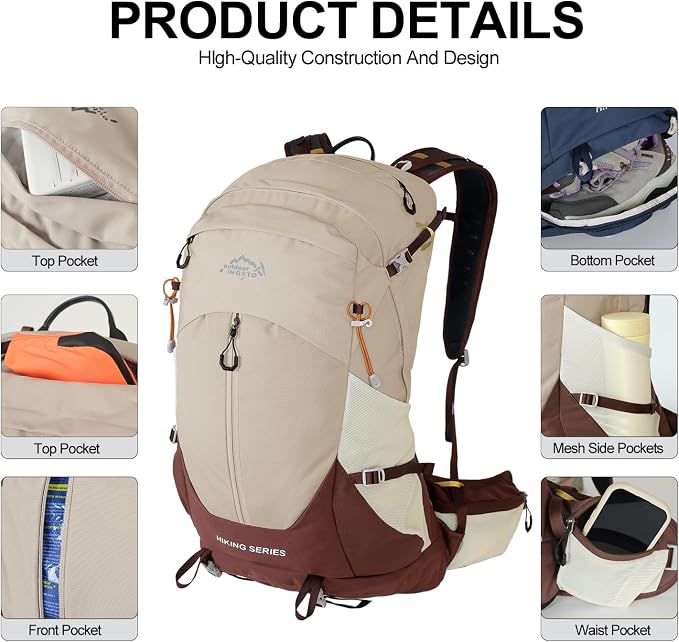 IX INOXTO Hiking Backpack, Camping Backpack, 30L Waterproof Hiking Daypack with 3L Water Bladder and Rain Cover (Khaki)