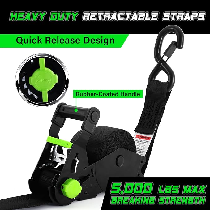 Retractable Ratchet Straps (2pk) -Patented | 1.5 in x 16 ft Heavy Duty Auto Ratchet Straps with Soft Loops | Perfect Automatic Tie Downs for Motorcycle,Kayak and Truck | Break Strength 5,000LBS/2268KG