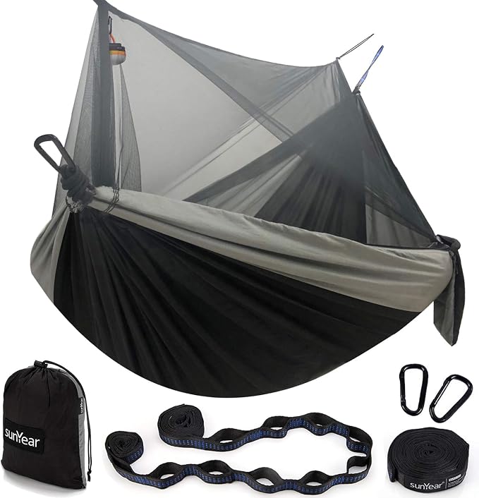 Sunyear Hammock Camping with Rain Fly Tarp and Net, Portable Camping Hammock Double Tree Hammock Outdoor Indoor Backpacking Travel & Survival, 2 Tree Straps,100% Waterproof