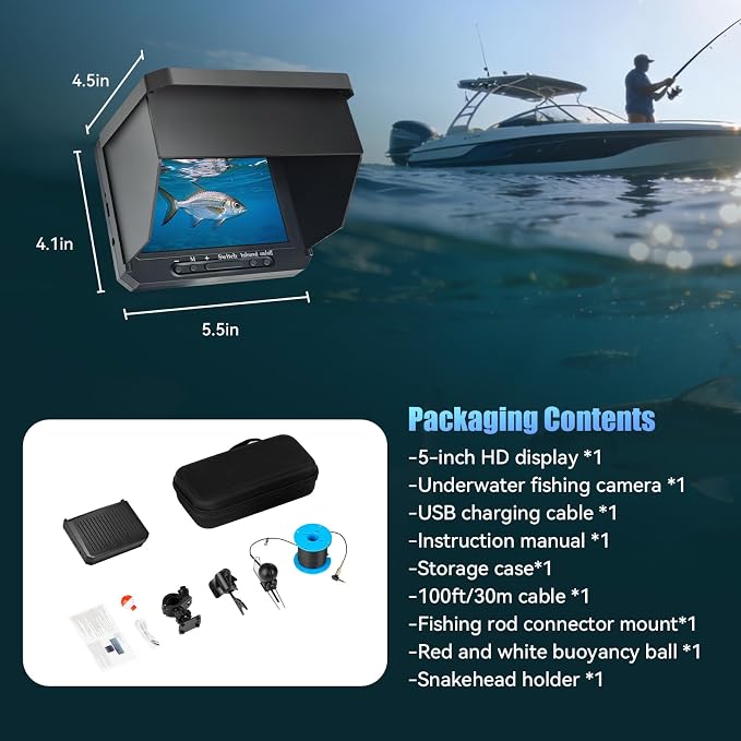 Underwater Fishing Camera Upgraded 5" Camera for Fishing with Infrared Night Vision,1080P HD Monitor,100ft Cable,Ice Fishing Accessory with Carrying Case for Ice,River,Lake,Boat,Kayak,Fishing Farming