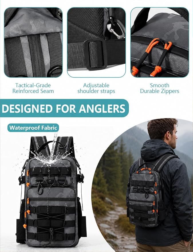 2 in 1 Compact Tactical Fishing Backpack with Tackle Boxes, Lightweight Waterproof Tackle Bag Fit 2 * 3600 Tackle Boxes, 2 Rod Holders Storage, Fishing Accessories Gift for Men Gray