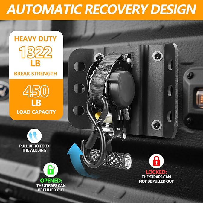 Hifybaty 2PCS Retractable Tie Down Straps for 2015-2025 Ford F150, Retractable Ratchet Straps 10 Ft Self Retracting Tie Down with Boxlink Plates Mounted Brackets Bed Mount Heavy Duty Bolt on