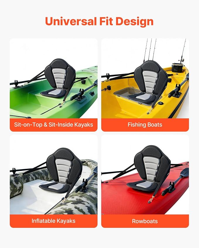 VEVOR Kayak Seat, Universal Paddle Board Seat with Adjustable Back Support, Multiple Thickness Options (0.5” to 2.6”), Soft Padded Cushion & Storage Bag for SUP, Canoe, Fishing Boat, Inflatable Kayak
