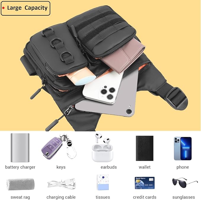 Criuage Outdoor Chest Bag for Men, Lightweight Adjustable Running Vest, Water Resistant EDC Chest Pack with Water Bottle Pocket, Breathable Back Pad for Hiking Cycling Fishing Travel (Black)