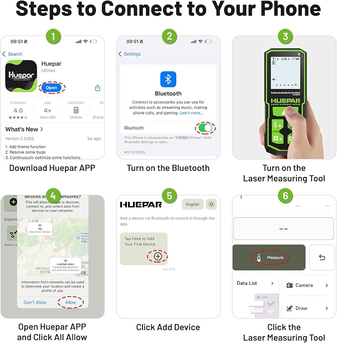 Huepar 395FT Bluetooth Green Laser Measuring Tool S120-G-BT | 1/16in Accuracy, APP Control, Angle Sensor, Carry Bag, Laser Distance Measurement Tool, Digital Laser Room Measuring Device