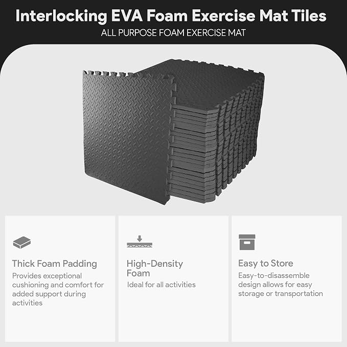 BalanceFrom 24x24 Inch EVA Interlocking Foam Exercise Tile Mat – Non-Slip Puzzle Flooring for Home Gym, Fitness Studio, or Playroom with Multiple Thickness, Coverage Sizes and Color Options