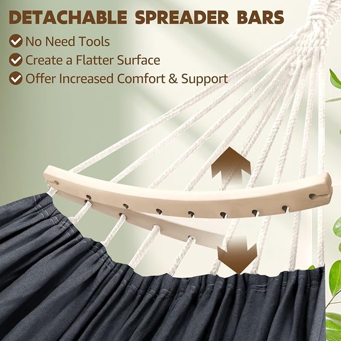 Chihee Cotton Hammock Holds Up to 660lbs Fabric Hammock 8.9x4.9ft Soft Portable Tree Hammocks Camping with Detachable Spreader Bar Pillow 2 Strong Webbings 2 Carabiners Indoor Outdoor Backyard Garden