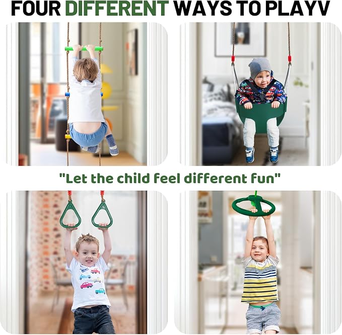 Doorway Swing mount for Kids & Door Pull Up Bar for Adults, Indoor Kid Swing with 4 Accessories, Multi-Function Doorway Gym, Fits Door Frame 24.41-30.51'' W x 3.94-6.69'' Thickness (Dark green)