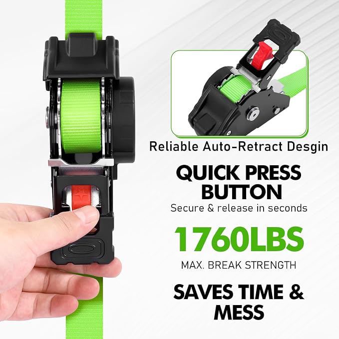 LEVELEVE Retractable Ratchet Tie Down Straps (1" x 10FT, 2-Pack, Green) - Heavy Duty 1760LBS Break Strength Quick-Lock, Weather Resistant for Moving, Cargo, Trucks & Boats