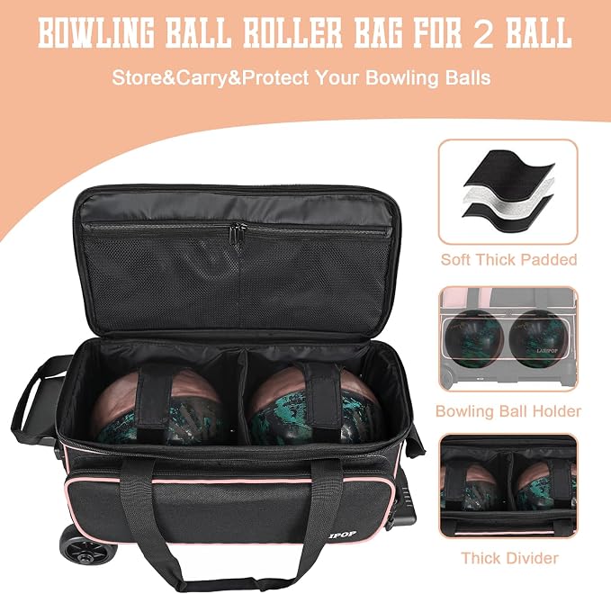 LARIPOP 2 Ball Bowling Roller Bag, Wheeled Bag with Shoe Compartment, Telescopic Handle & Padded Protection for Men Women