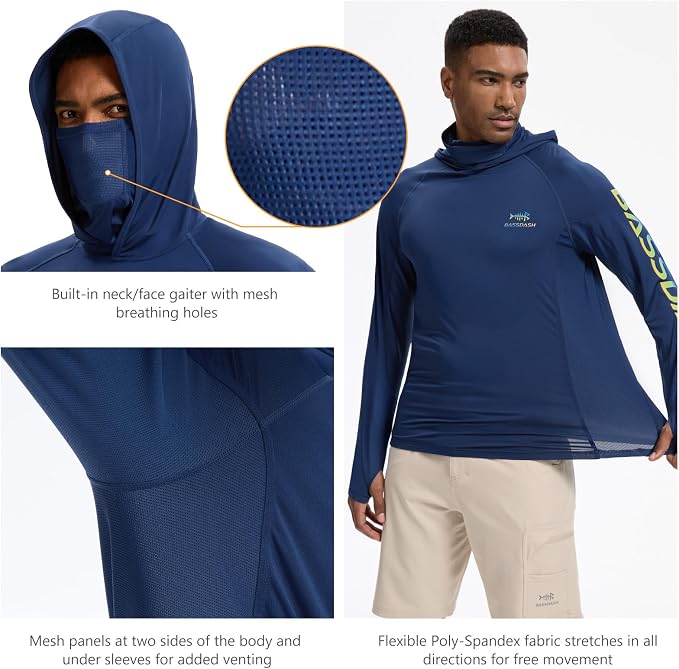 BASSDASH Men’s UPF 50+ Graphic Fishing Hoodie Shirts with Mask Pocket UV Long Sleeve Moisture Wicking FS47M