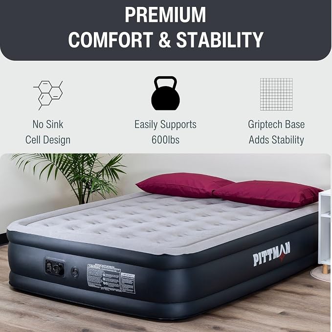 Pittman Outdoors Queen Air Mattress – 18” Black Double High, Queen Air Mattress with Built in Pump, 600lb Capacity, Portable Inflatable Bed with Carry Bag, Blow Up Mattress for Guests, Home & Travel
