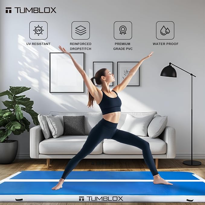 Air Gymnastics Mat Inflatable & Tumbling Mat – 4/8 Inches Thick with Electric Pump + Free Foot Pump – Ideal for Home, Gym, Water, and Beach Use